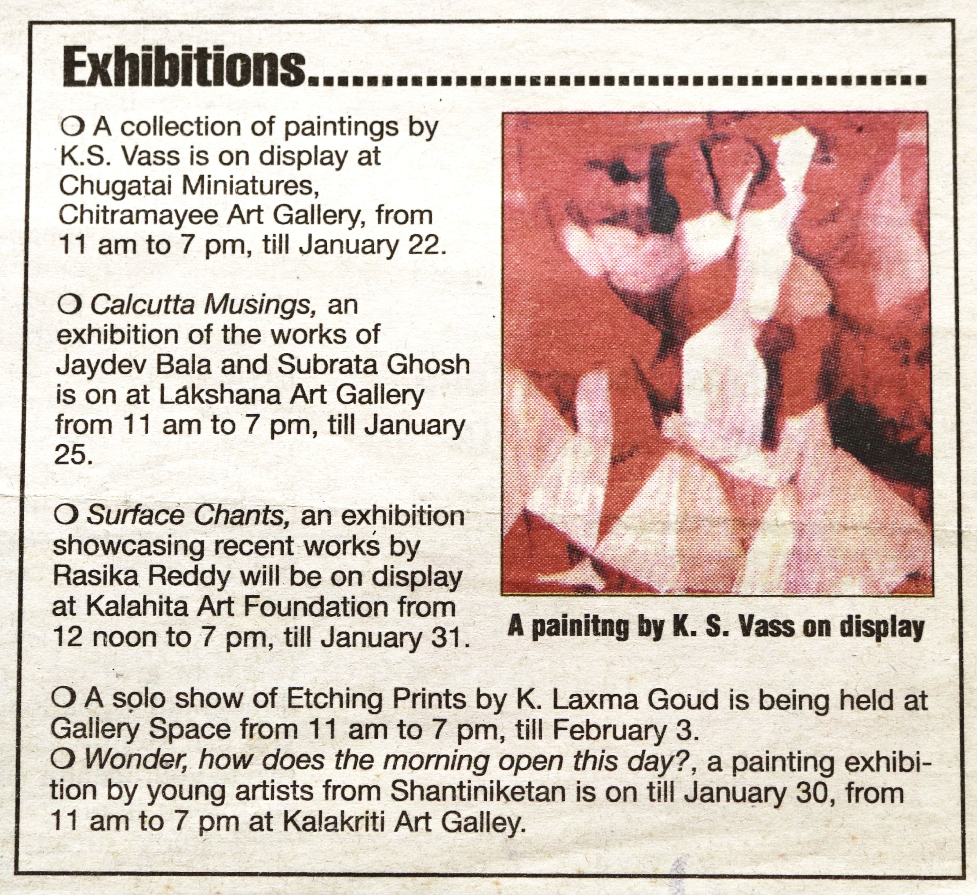 K.S. Vass exhibition listings newspaper column
